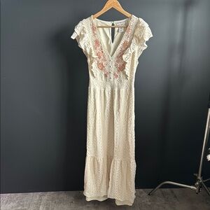 Cream Lace Maxi Dress with Pink Floral Embroidery